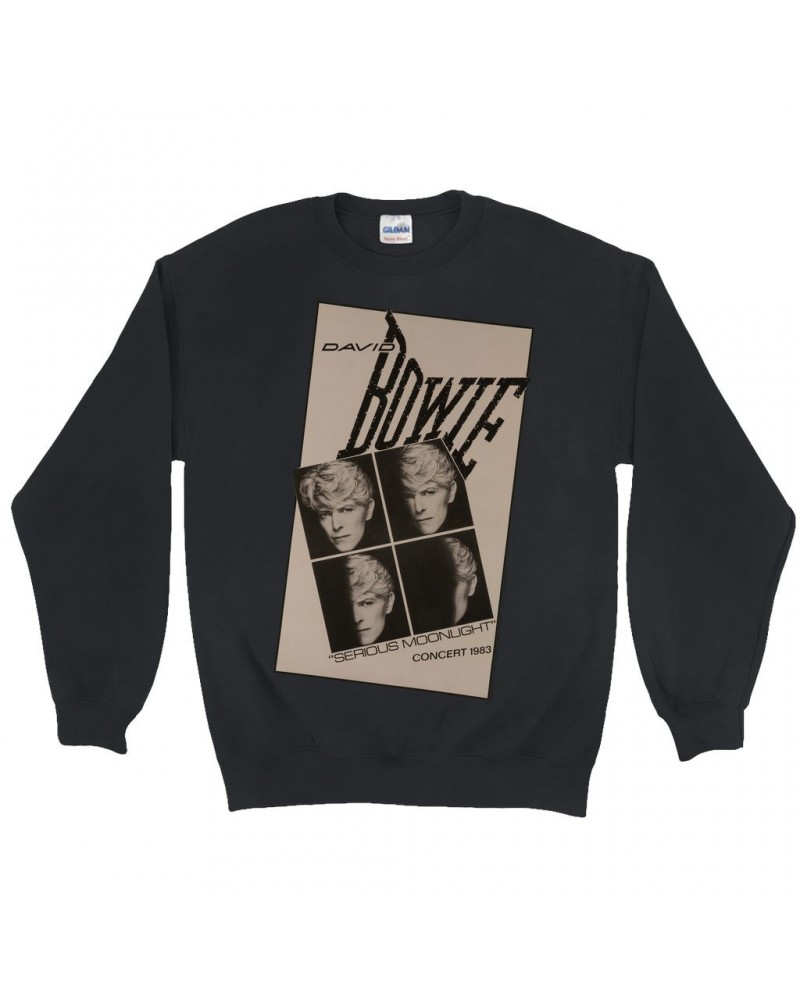 David Bowie Sweatshirt | Serious Moonlight 1983 Concert Tour Poster Sweatshirt $15.03 Sweatshirts